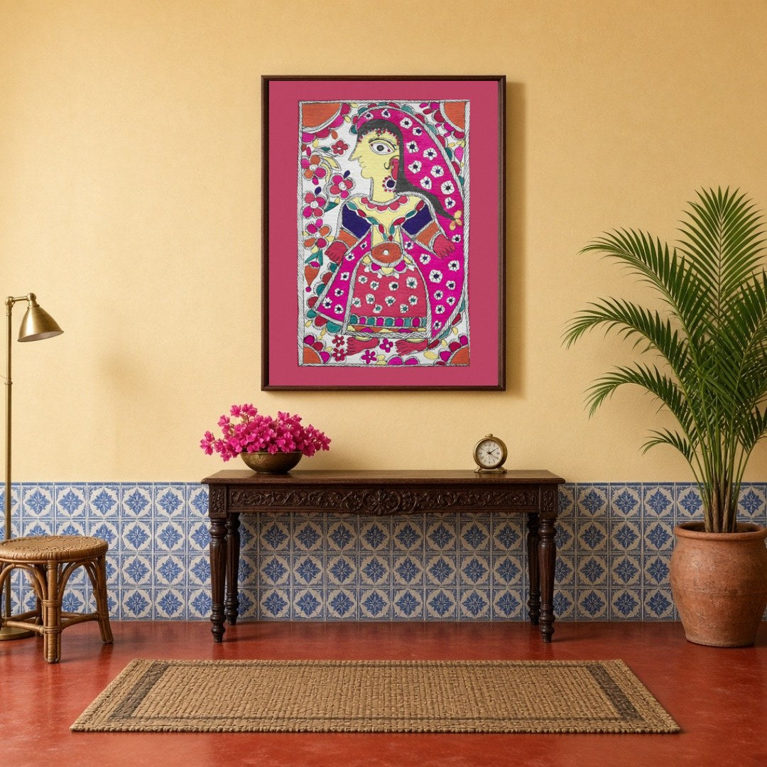 This exquisite Madhubani art print captures the beauty and grace of a radiant maiden adorned with a for Hallway