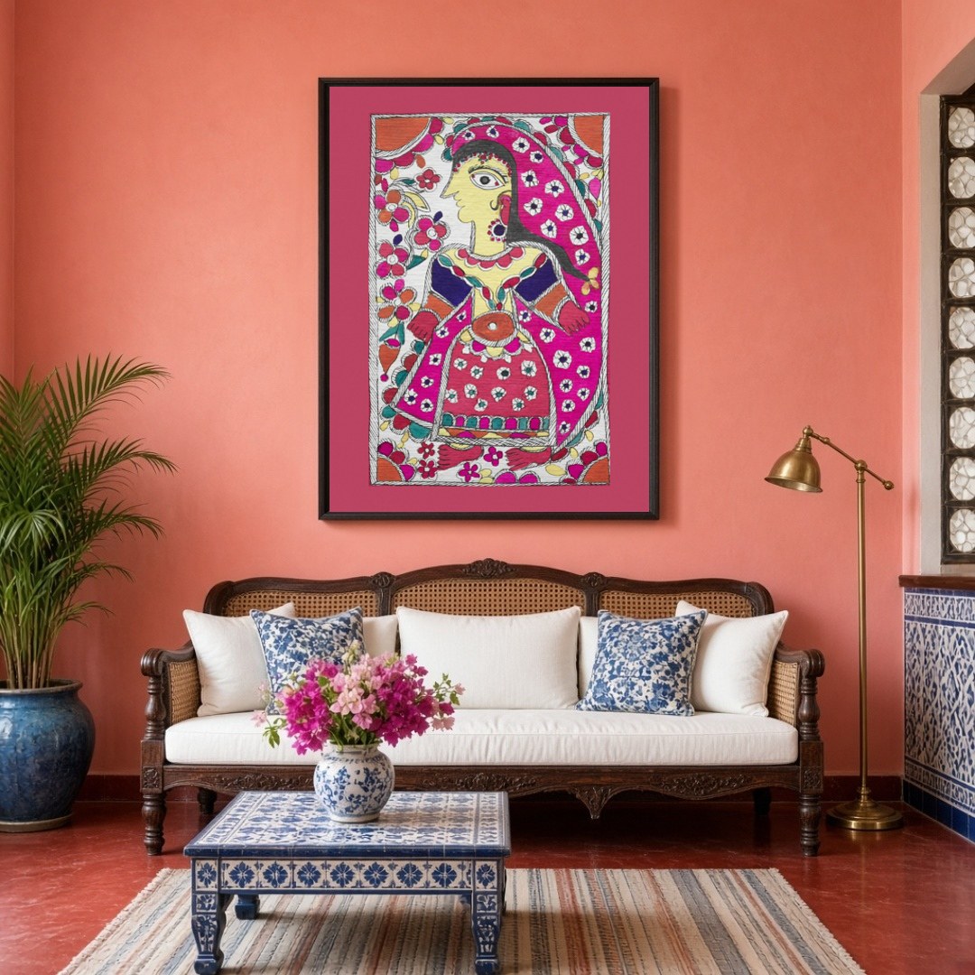 This exquisite Madhubani art print captures the beauty and grace of a radiant maiden adorned with a for Living Room