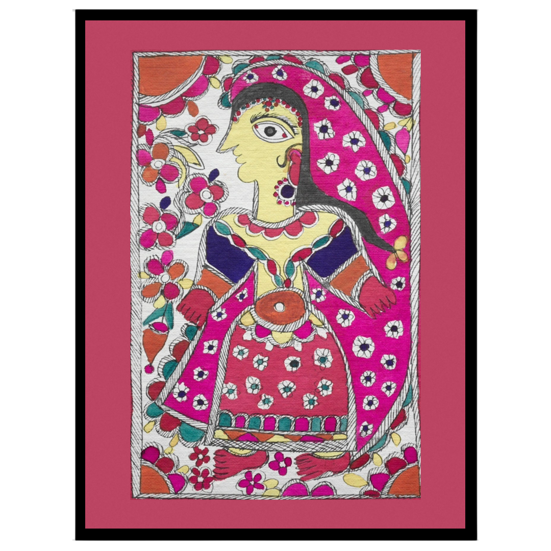 This exquisite Madhubani art print captures the beauty and grace of a radiant maiden adorned with a for living-space