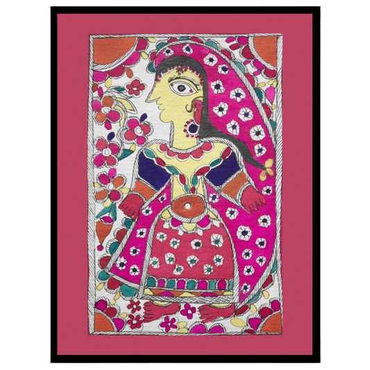 This exquisite Madhubani art print captures the beauty and grace of a radiant maiden adorned with a for living-space