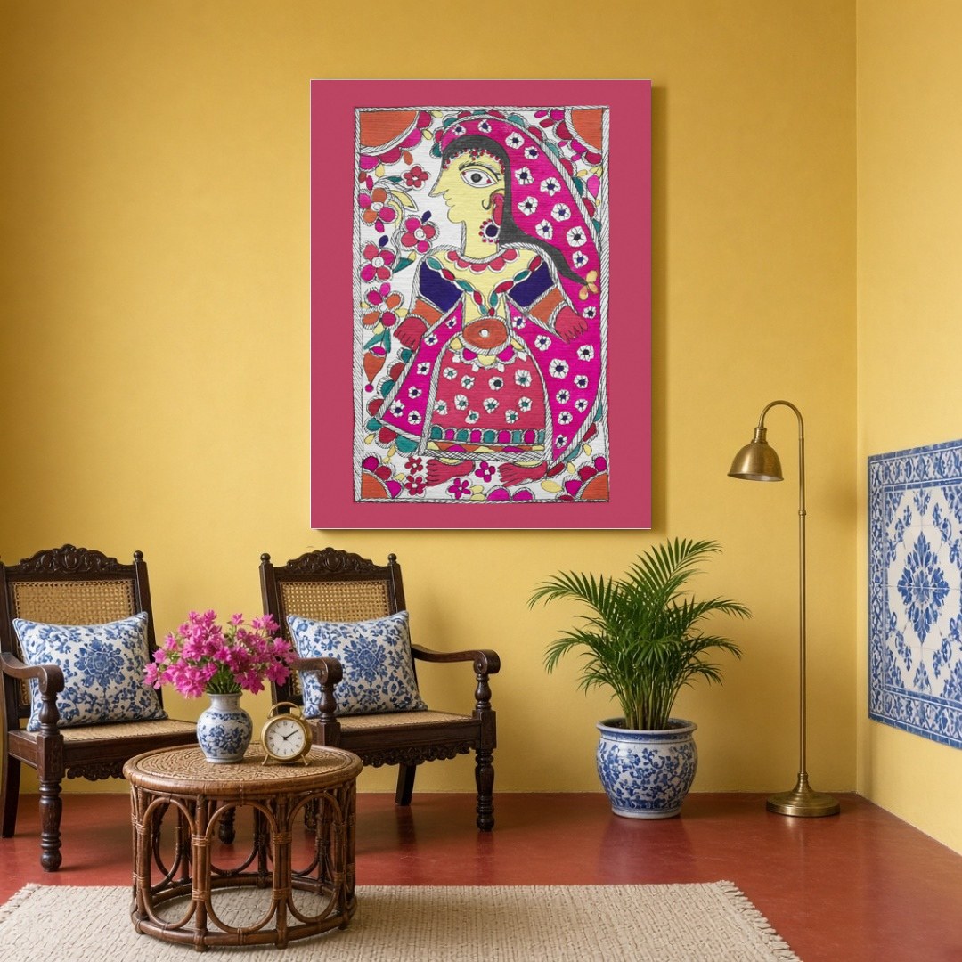 This exquisite Madhubani art print captures the beauty and grace of a radiant maiden adorned with a for Sitting Area