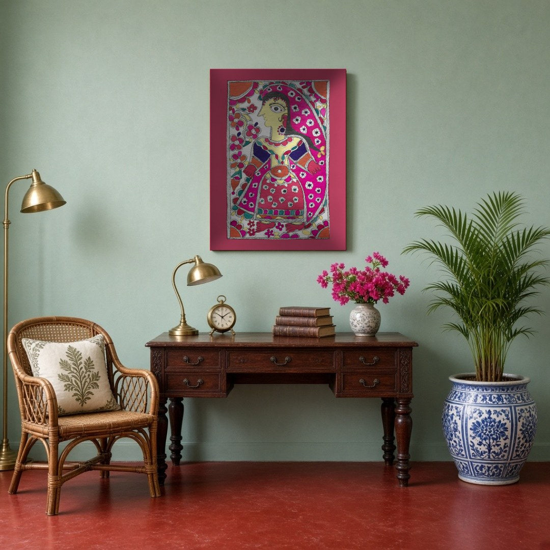 This exquisite Madhubani art print captures the beauty and grace of a radiant maiden adorned with a for Study