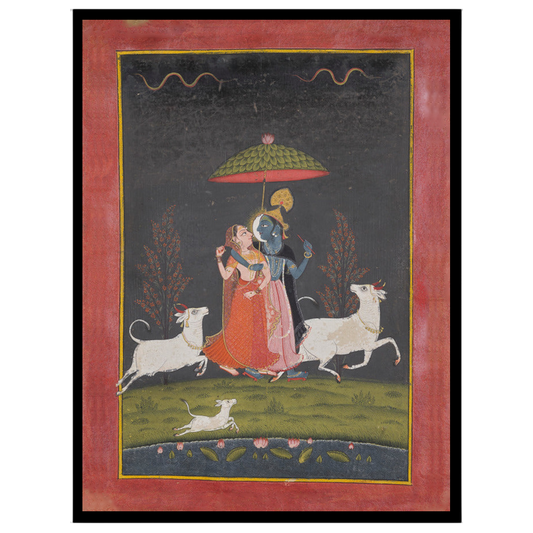 This exquisite Pichwai artwork captures the divine love of Krishna and Radha as they stroll beneath for residence