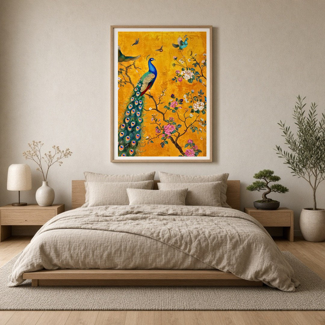 Immerse yourself in the enchanting beauty of this artwork featuring a magnificent peacock amidst a for Bedroom