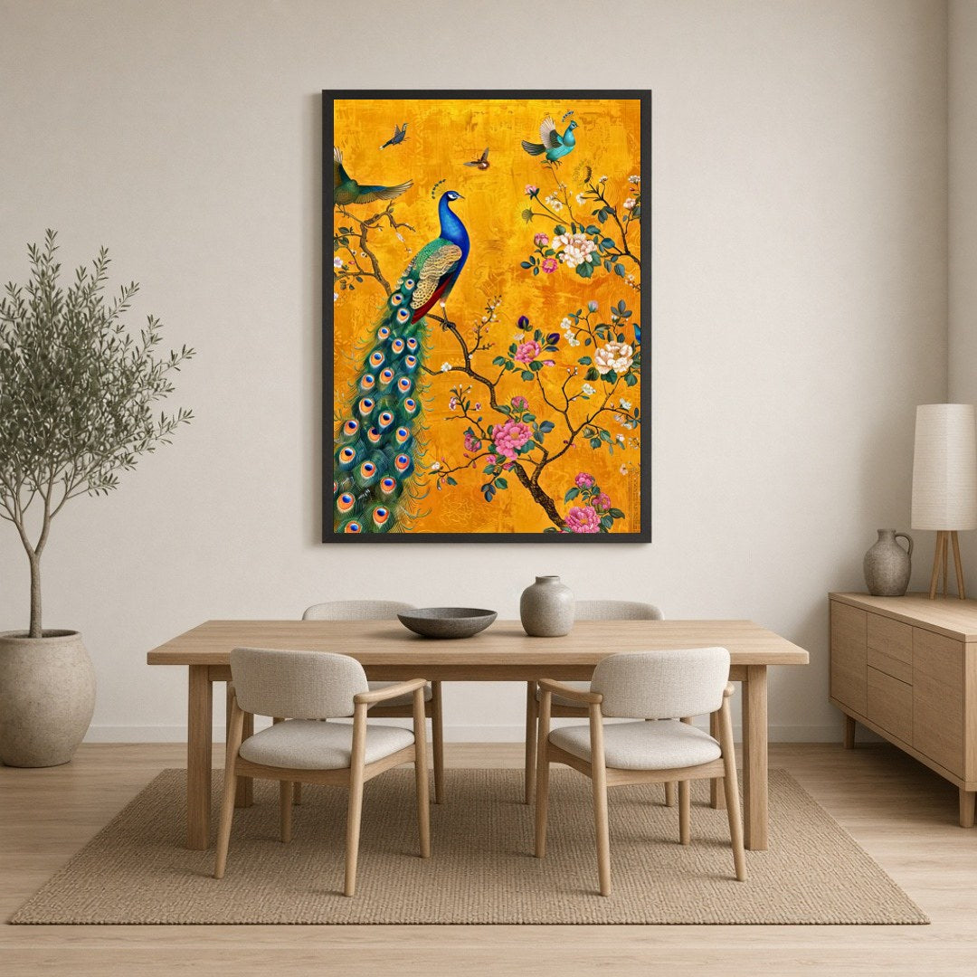 Immerse yourself in the enchanting beauty of this artwork featuring a magnificent peacock amidst a for Dining
