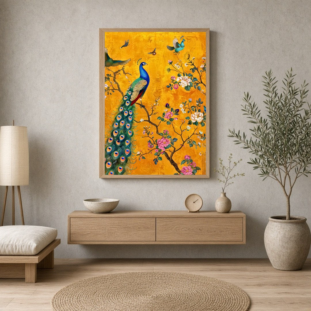 Immerse yourself in the enchanting beauty of this artwork featuring a magnificent peacock amidst a for Entrance