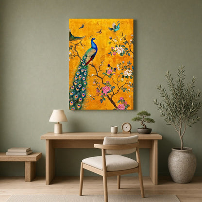 Immerse yourself in the enchanting beauty of this artwork featuring a magnificent peacock amidst a for Home Office