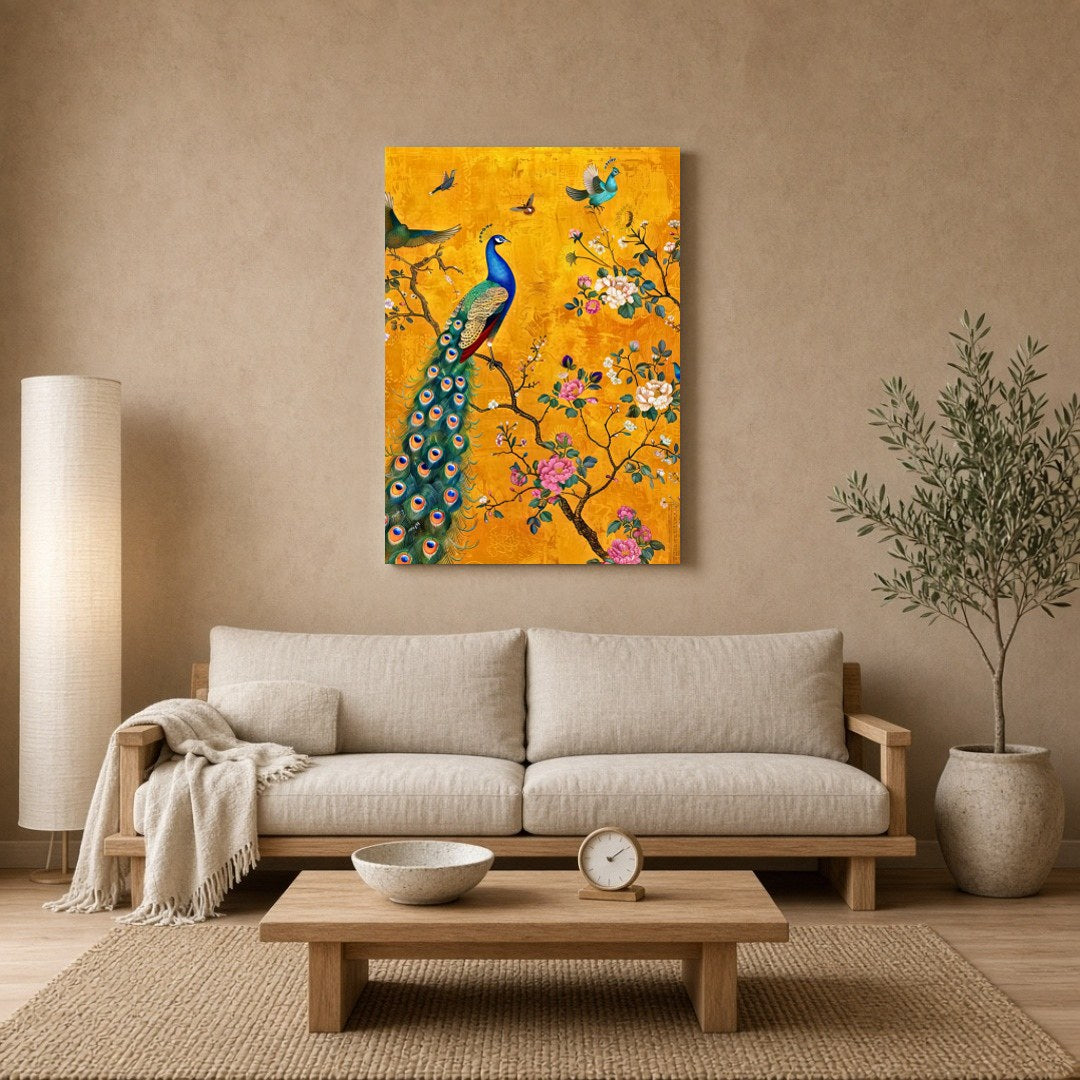 Immerse yourself in the enchanting beauty of this artwork featuring a magnificent peacock amidst a for Living Room