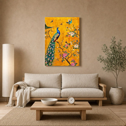 Immerse yourself in the enchanting beauty of this artwork featuring a magnificent peacock amidst a for Living Room