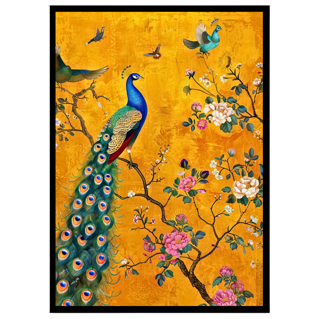 Immerse yourself in the enchanting beauty of this artwork featuring a magnificent peacock amidst a for office