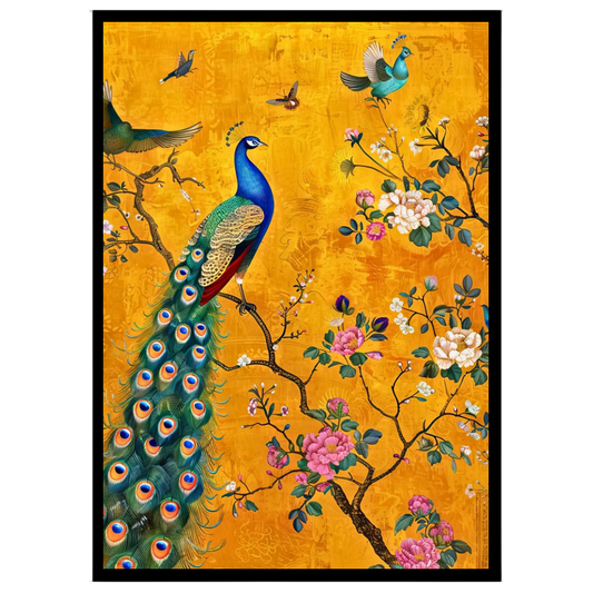 Immerse yourself in the enchanting beauty of this artwork featuring a magnificent peacock amidst a for office