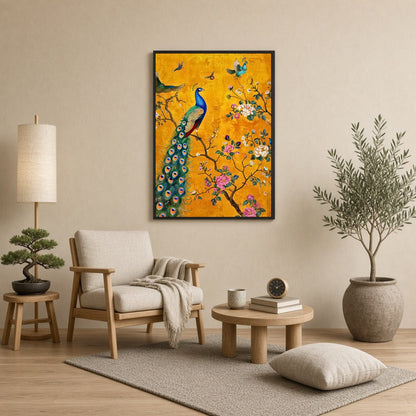 Immerse yourself in the enchanting beauty of this artwork featuring a magnificent peacock amidst a for Reading Nook