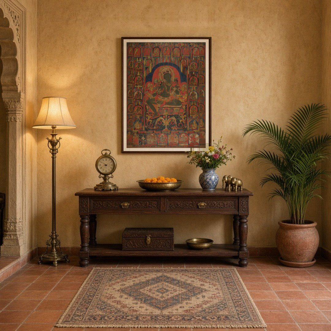 Immerse yourself in the vibrant energy of this Buddhist Thangka artwork depicting a powerful deity for Entrance