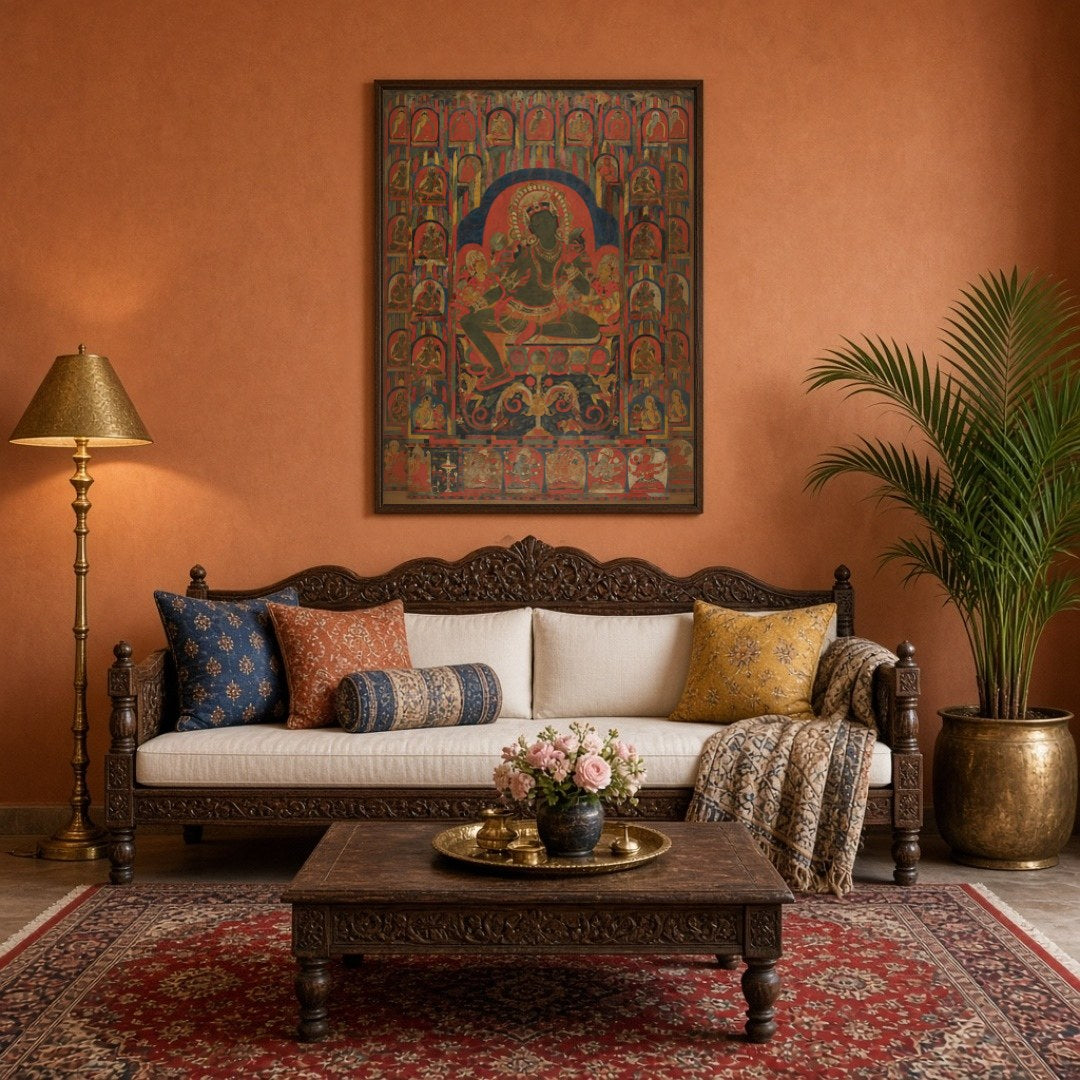Immerse yourself in the vibrant energy of this Buddhist Thangka artwork depicting a powerful deity for Living Room