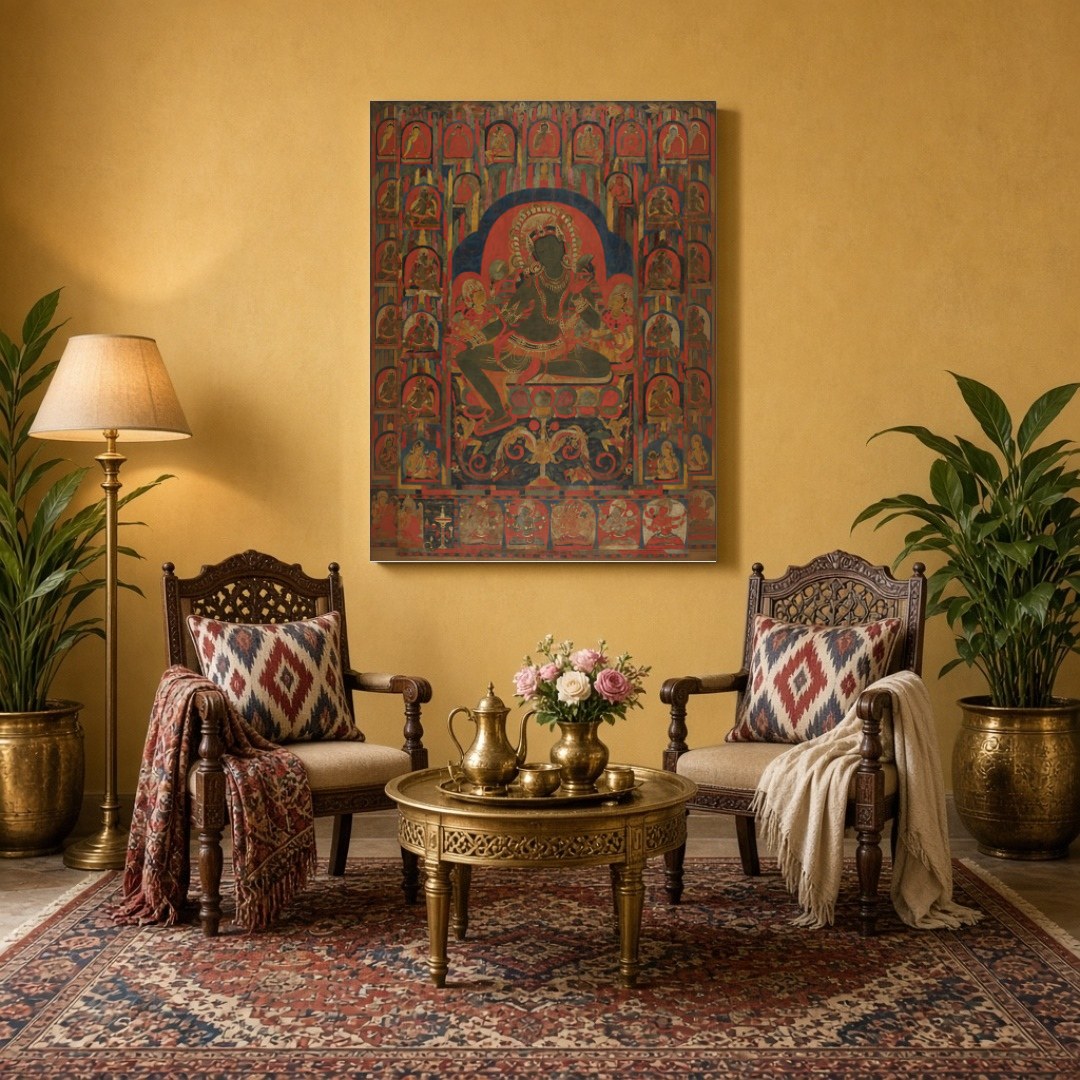 Immerse yourself in the vibrant energy of this Buddhist Thangka artwork depicting a powerful deity for Sitting Area