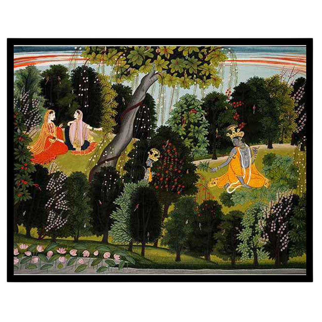 Capture the timeless devotion of Radha and Krishna in this exquisite Pichwai art. Set in a serene for decor
