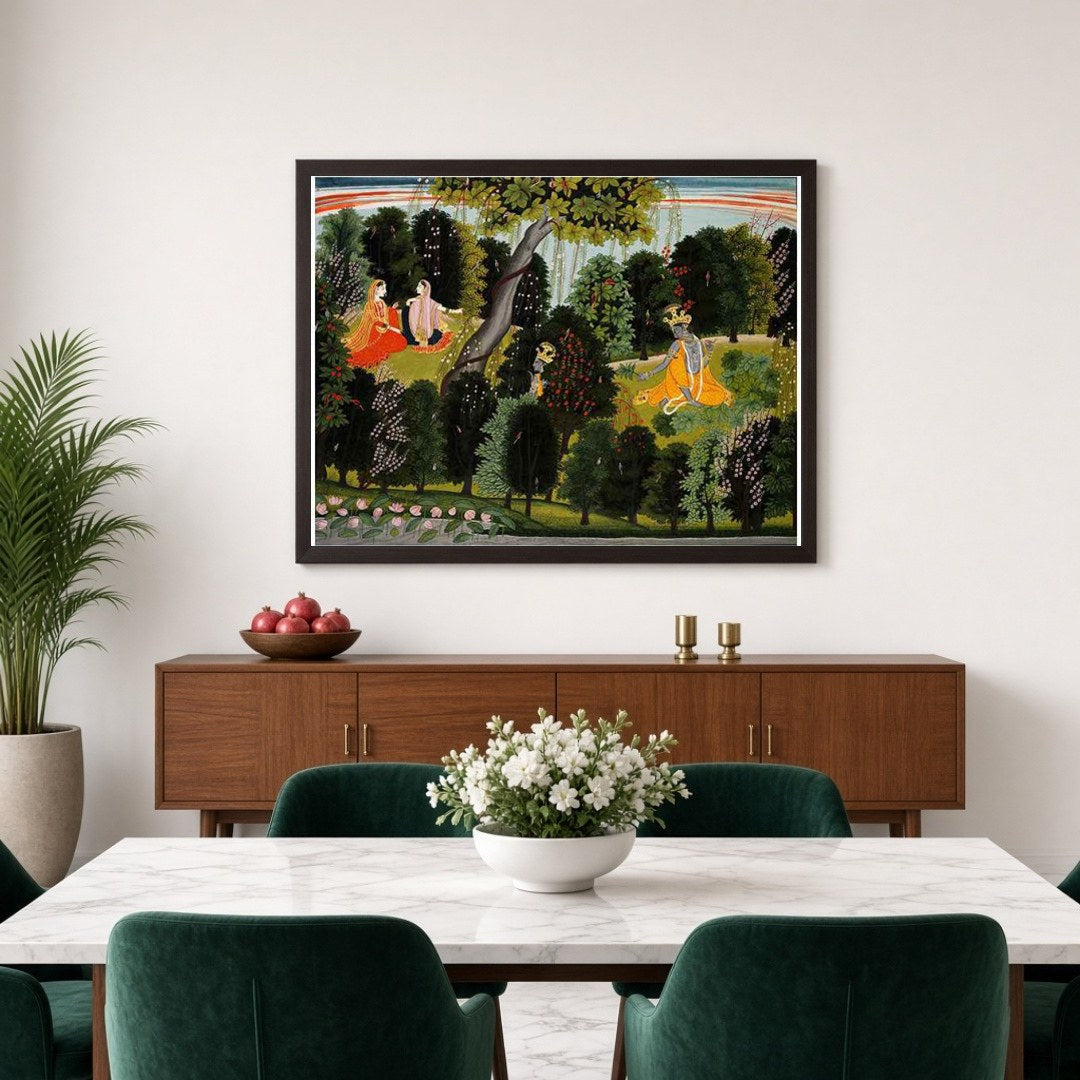 Capture the timeless devotion of Radha and Krishna in this exquisite Pichwai art. Set in a serene for Dining