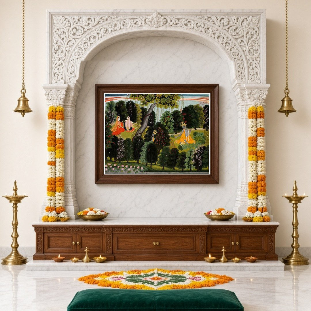 Capture the timeless devotion of Radha and Krishna in this exquisite Pichwai art. Set in a serene for Home Temple