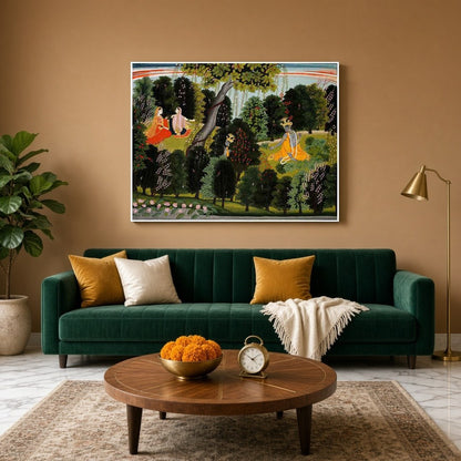 Capture the timeless devotion of Radha and Krishna in this exquisite Pichwai art. Set in a serene for Living Room