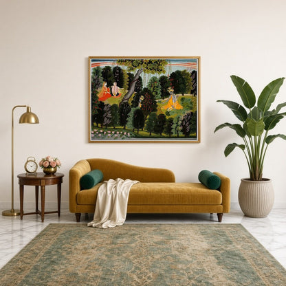 Capture the timeless devotion of Radha and Krishna in this exquisite Pichwai art. Set in a serene for Sitting Lounge