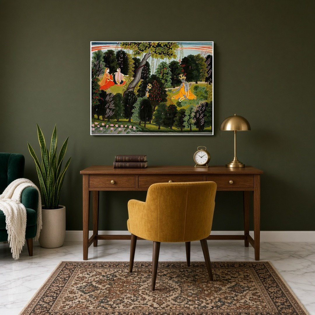 Capture the timeless devotion of Radha and Krishna in this exquisite Pichwai art. Set in a serene for Study