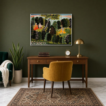 Capture the timeless devotion of Radha and Krishna in this exquisite Pichwai art. Set in a serene for Study