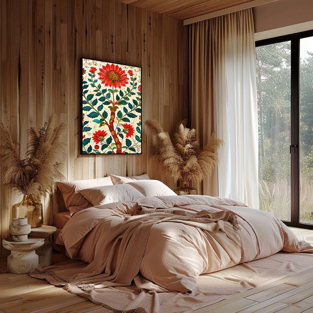 This exquisite artwork features a mesmerizing display of vibrant red flowers intricately woven into for Bedroom
