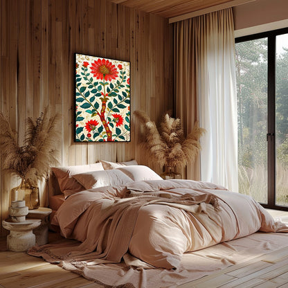 This exquisite artwork features a mesmerizing display of vibrant red flowers intricately woven into for Bedroom