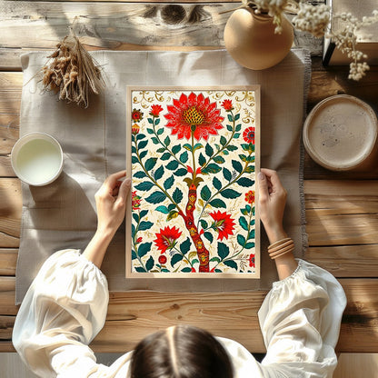 This exquisite artwork features a mesmerizing display of vibrant red flowers intricately woven into for decor