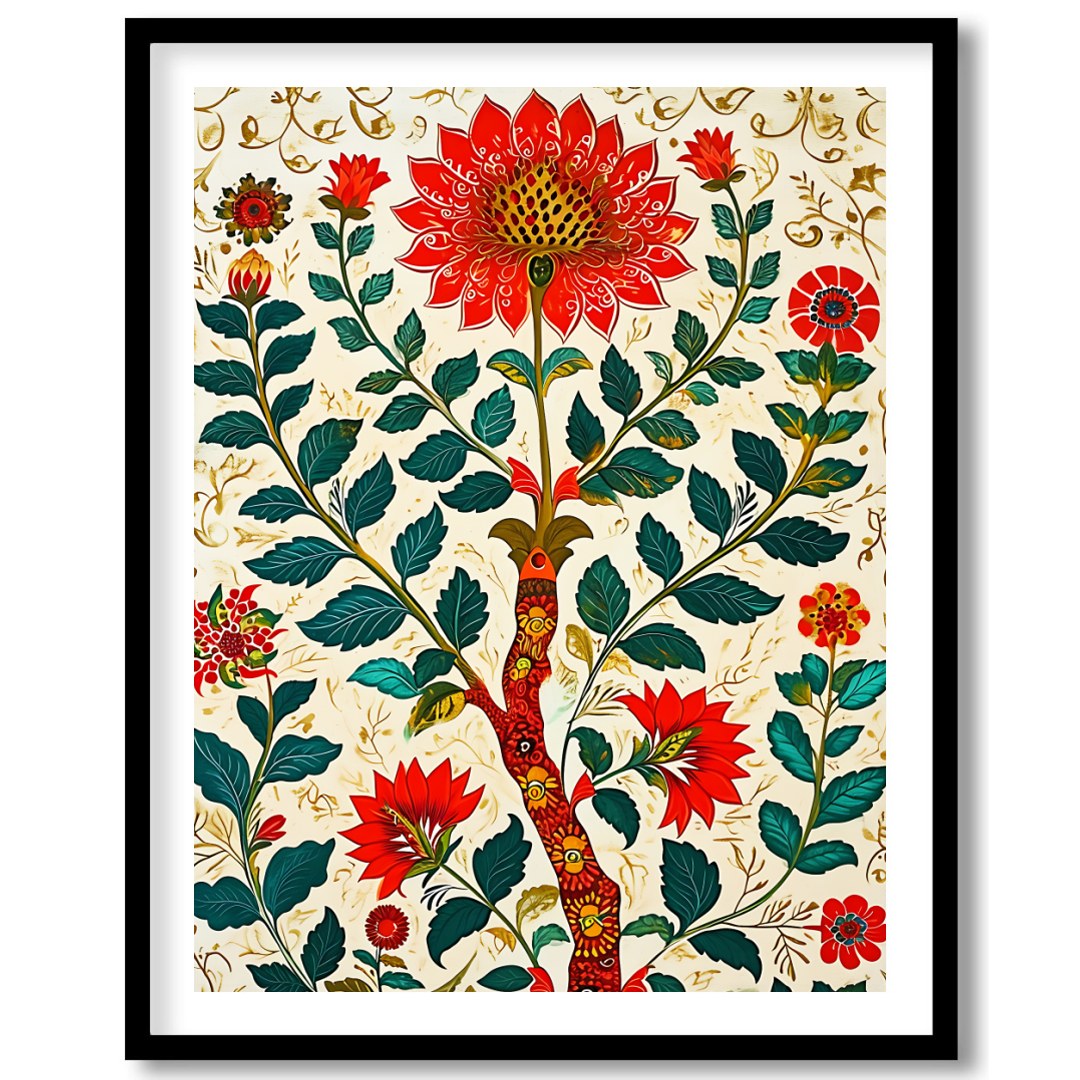 This exquisite artwork features a mesmerizing display of vibrant red flowers intricately woven into for interior
