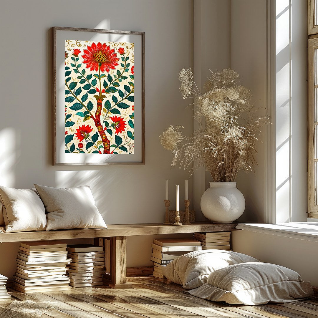 This exquisite artwork features a mesmerizing display of vibrant red flowers intricately woven into for kitchen
