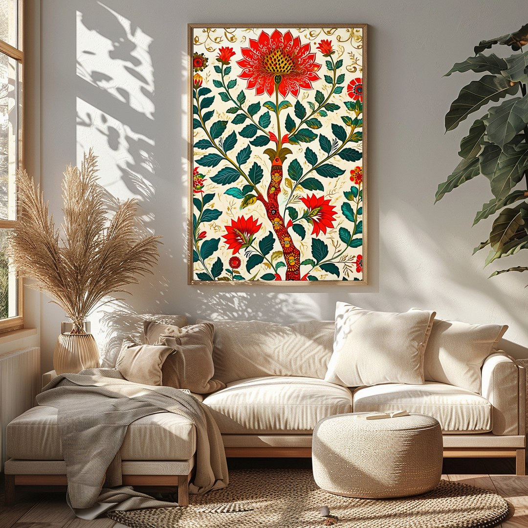 This exquisite artwork features a mesmerizing display of vibrant red flowers intricately woven into for Sitting Area