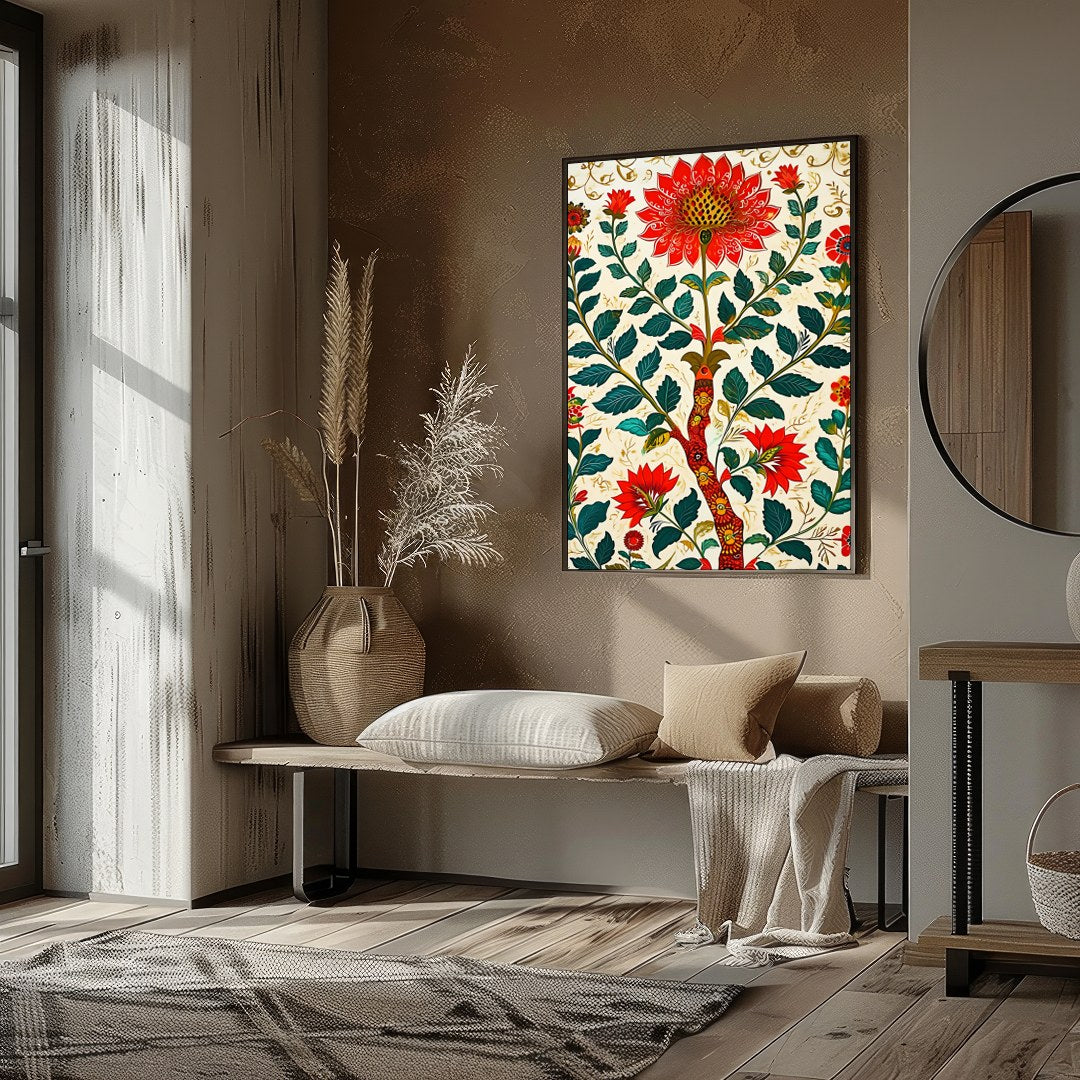 This exquisite artwork features a mesmerizing display of vibrant red flowers intricately woven into for studio