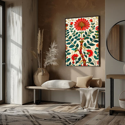 This exquisite artwork features a mesmerizing display of vibrant red flowers intricately woven into for studio