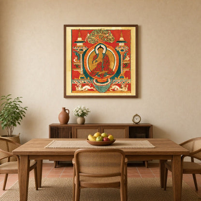 Immerse yourself in the spiritual vibrance of Sakyamuni Buddha depicted in exquisite Thangka art. for Dining