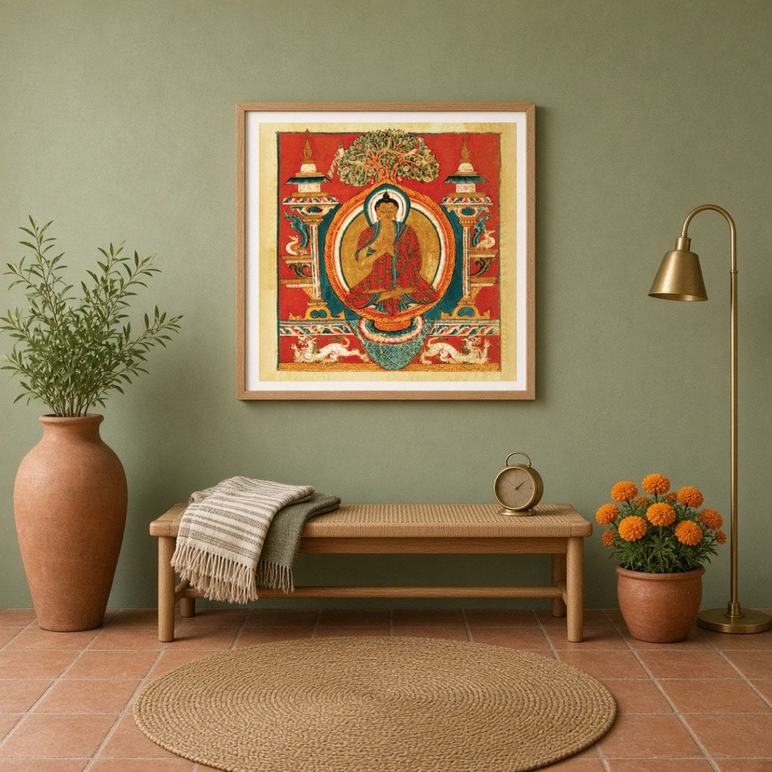 Immerse yourself in the spiritual vibrance of Sakyamuni Buddha depicted in exquisite Thangka art. for Entrance