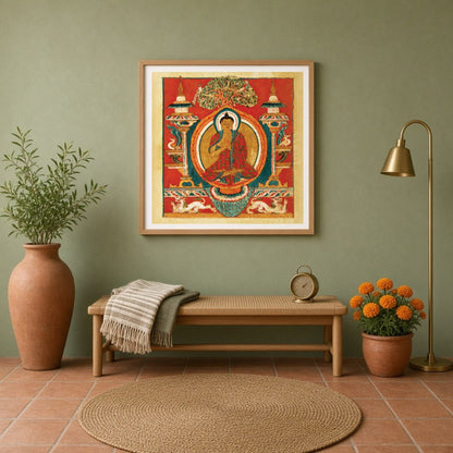 Immerse yourself in the spiritual vibrance of Sakyamuni Buddha depicted in exquisite Thangka art. for Entrance