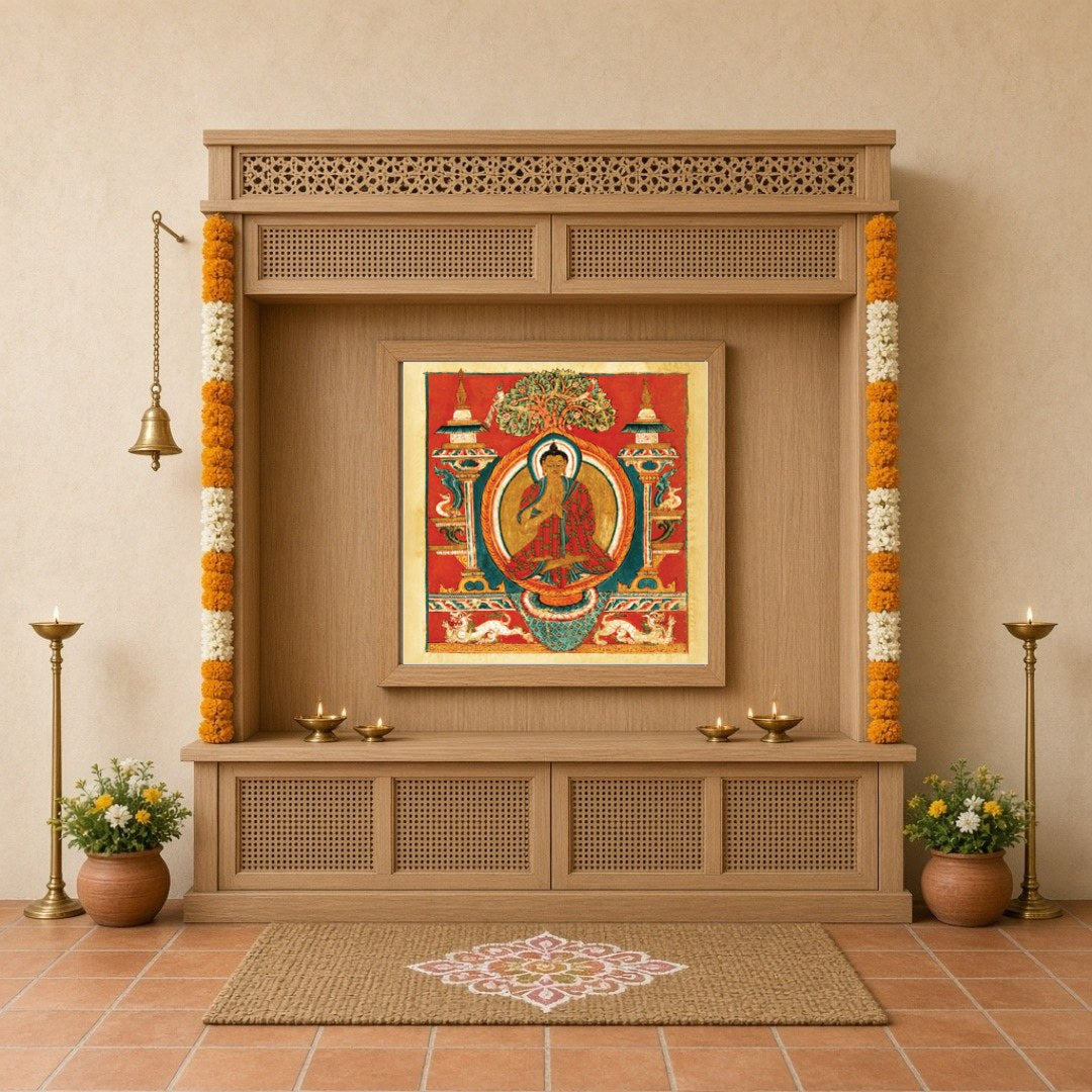 Immerse yourself in the spiritual vibrance of Sakyamuni Buddha depicted in exquisite Thangka art. for Home Temple