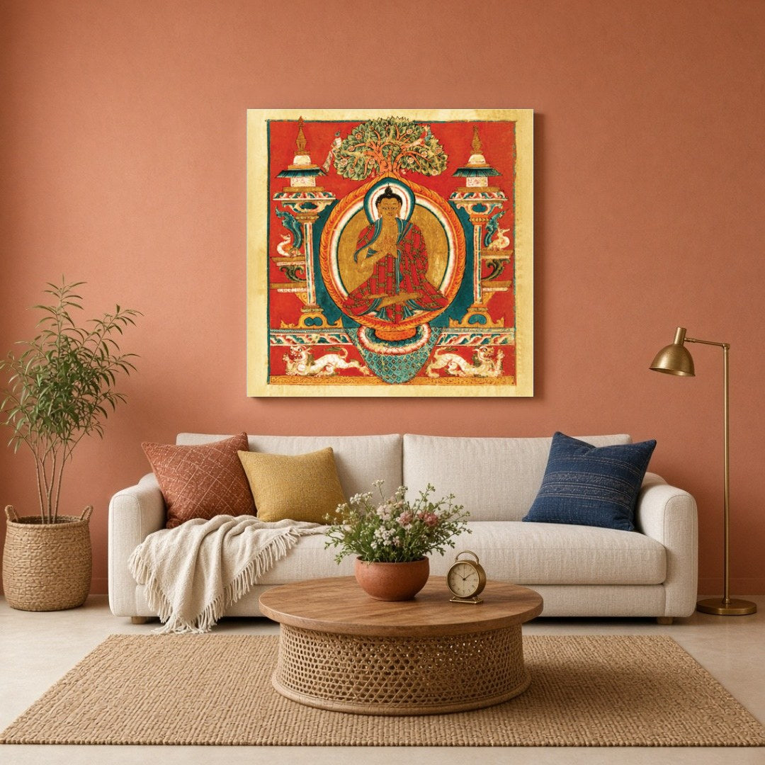 Immerse yourself in the spiritual vibrance of Sakyamuni Buddha depicted in exquisite Thangka art. for Living Room