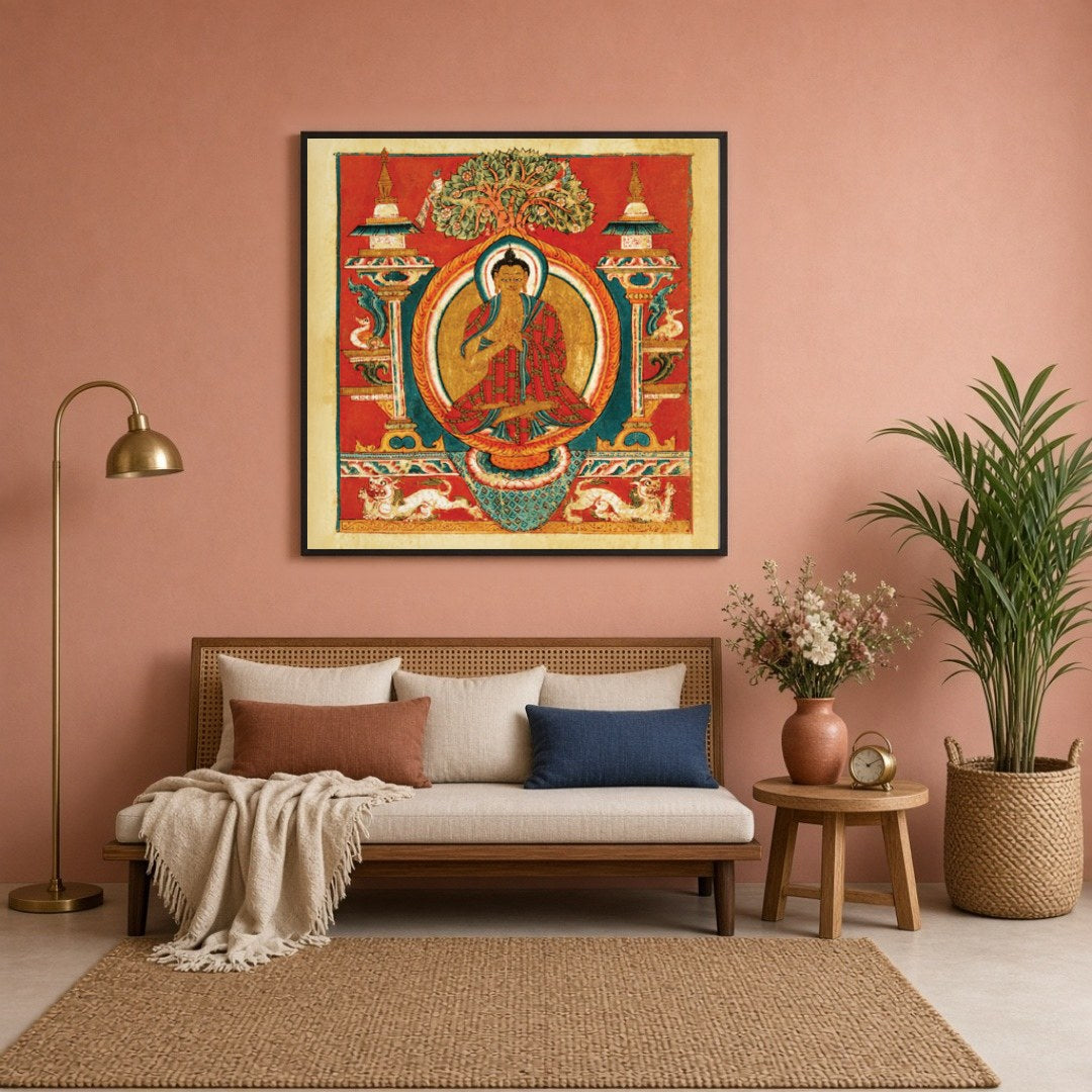 Immerse yourself in the spiritual vibrance of Sakyamuni Buddha depicted in exquisite Thangka art. for Sitting Lounge