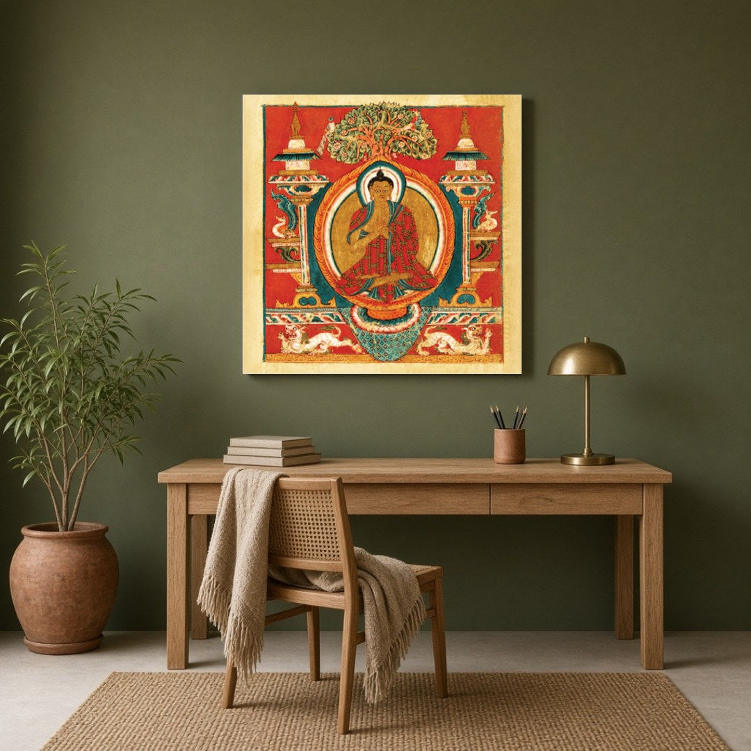 Immerse yourself in the spiritual vibrance of Sakyamuni Buddha depicted in exquisite Thangka art. for Study