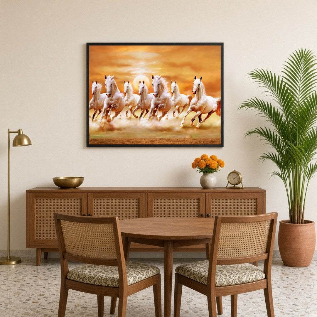 Embrace the spirited energy and harmonious balance of the 'Radiant Seven Stallions' art piece. This for Dining