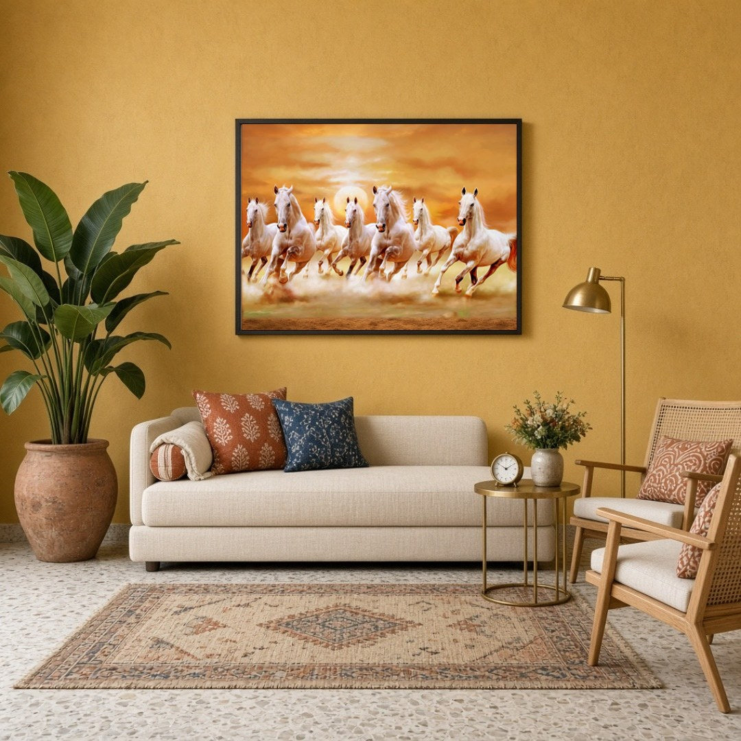 Embrace the spirited energy and harmonious balance of the 'Radiant Seven Stallions' art piece. This for Sitting Lounge