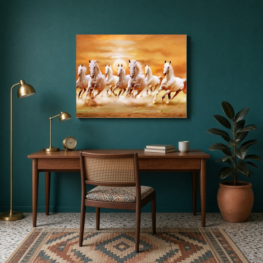 Embrace the spirited energy and harmonious balance of the 'Radiant Seven Stallions' art piece. This for Study