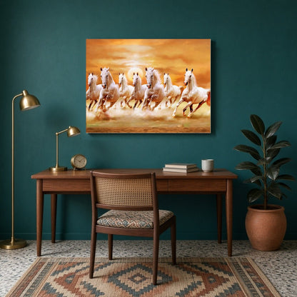 Embrace the spirited energy and harmonious balance of the 'Radiant Seven Stallions' art piece. This for Study