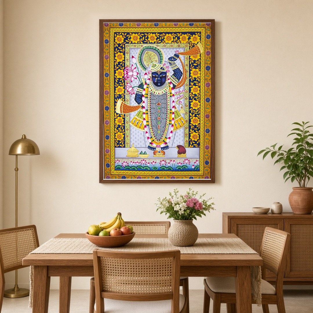 Celebrate the divine presence of Shrinathji with this exquisite Pichwai artwork, adorned with for Dining