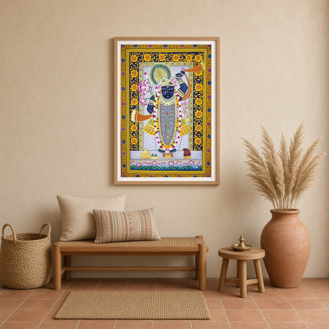 Celebrate the divine presence of Shrinathji with this exquisite Pichwai artwork, adorned with for Entrance