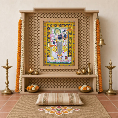Celebrate the divine presence of Shrinathji with this exquisite Pichwai artwork, adorned with for Home Temple