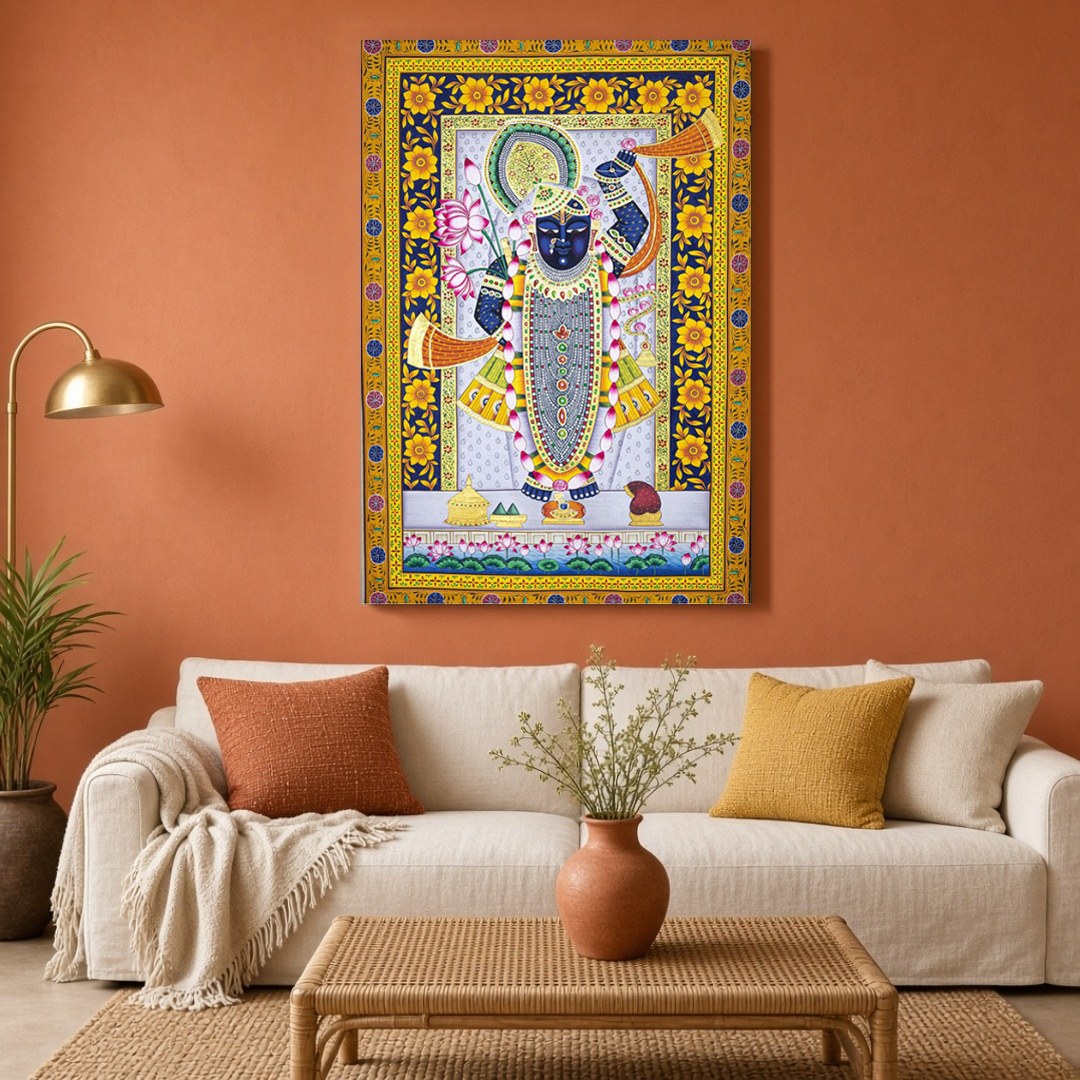 Celebrate the divine presence of Shrinathji with this exquisite Pichwai artwork, adorned with for Living Room