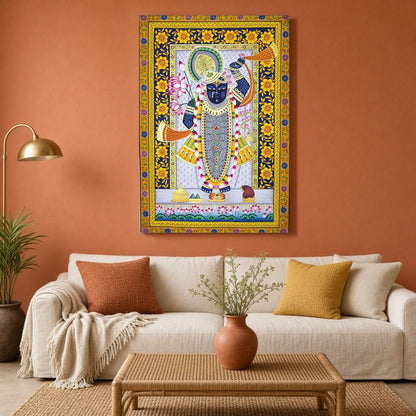 Celebrate the divine presence of Shrinathji with this exquisite Pichwai artwork, adorned with for Living Room